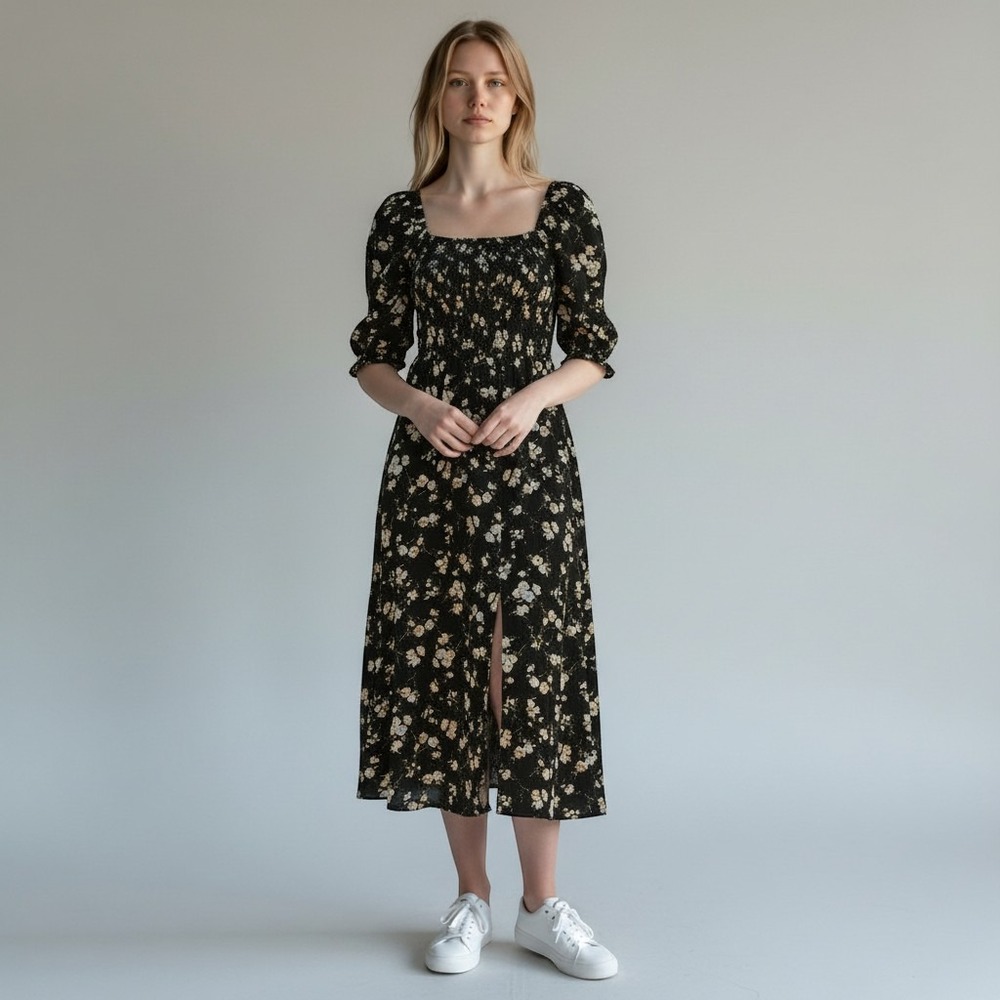 Y2K Hollister Black Floral Smocked Midi Dress Puff Sleeve High Low Slit Small